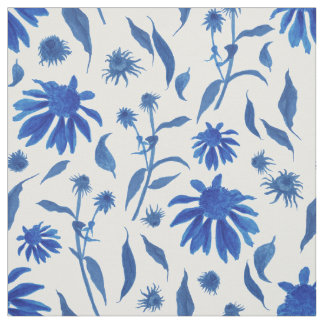 Modern Indigo Blue Cone Flowers on White Fabric