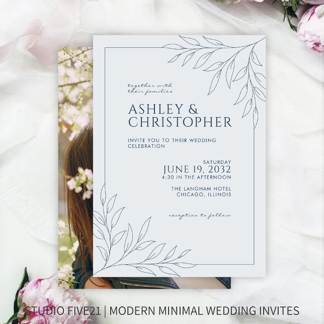 Modern Indigo Blue Foliage Outline Photo Wedding Invitation (Creator Uploaded)