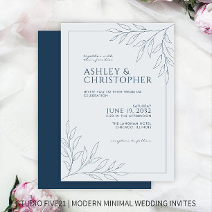 Modern Indigo Blue Foliage Outline Wedding Invitation