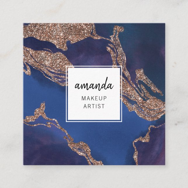 Modern Indigo Blue Gold Marble Makeup Artist Square Business Card (Front)