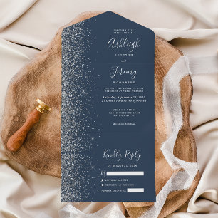 Modern Indigo Blue Silver Glitter Wedding All In One Invitation