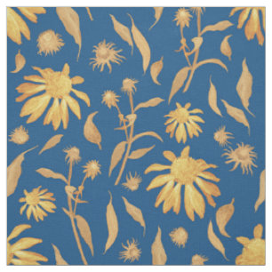 Modern Indigo Yellow Cone Flowers on Blue Fabric