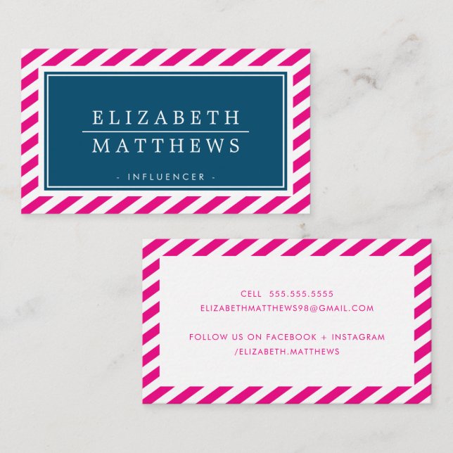 MODERN INFLUENCER stylish border pink navy white Business Card (Front/Back)
