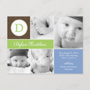Modern Initial Birth Announcement - Blue Postcard