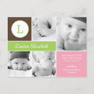 Modern Initial Birth Announcement - Pink Postcard