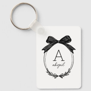 Modern Initial Black and White Chic Bow Monogram Keychain