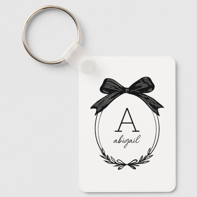 Modern Initial Black and White Chic Bow Monogram Keychain (Front)