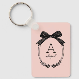 Modern Initial Black Bow Blush Pink Monogram Keychain