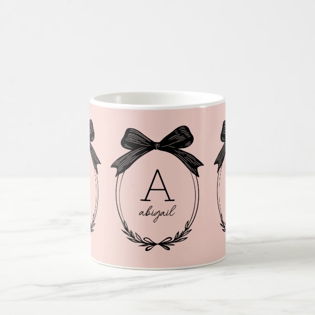 Modern Initial Chic Black Bow Blush Pink Monogram Coffee Mug (Center)