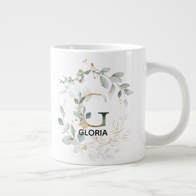 Modern Initial 'G' With Name Greenery Large Coffee Mug (Right)