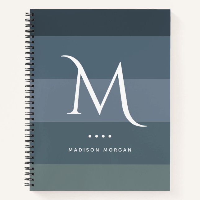 Modern Initial Horizontal Blue Grey Stripes Notebook (Front)