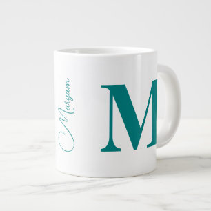 Modern Initial Letter & Name Teal Monogram Large Coffee Mug