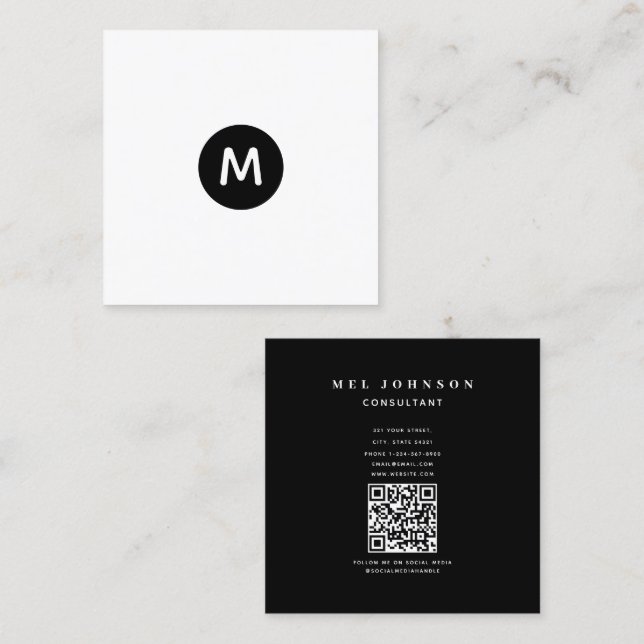 Modern Initial Minimalist QR Code Professional Square Business Card (Front/Back)