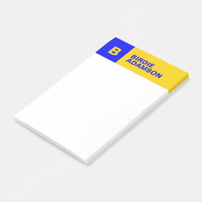 Modern Initial Monogram Blue Gold Name, Elegant Post-it Notes (Angled)