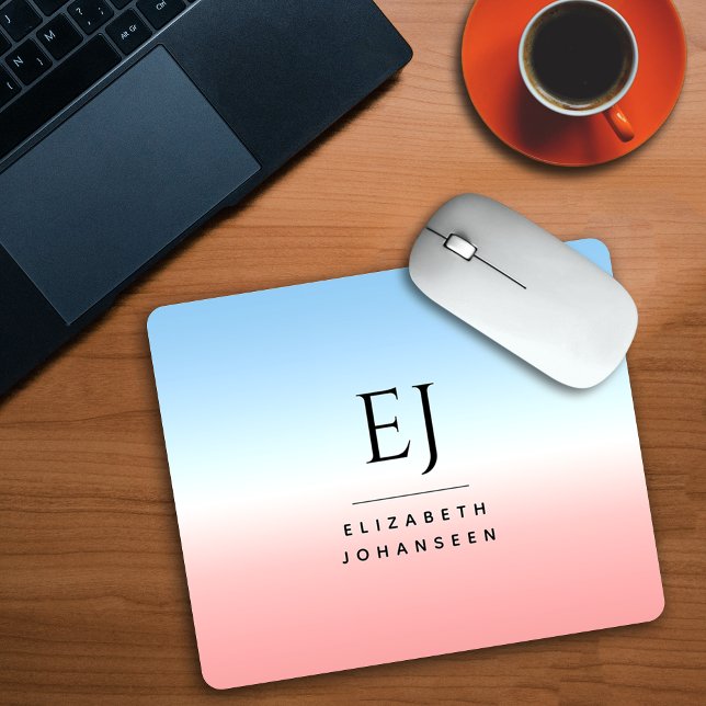 Modern Initial Monogram Blue Pink White Gradient Mouse Pad (Creator Uploaded)