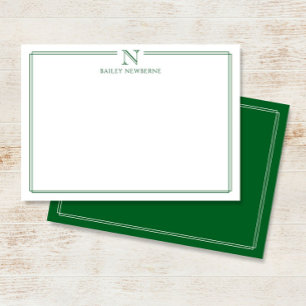 Modern Initial Monogram Green Border Stationery Card