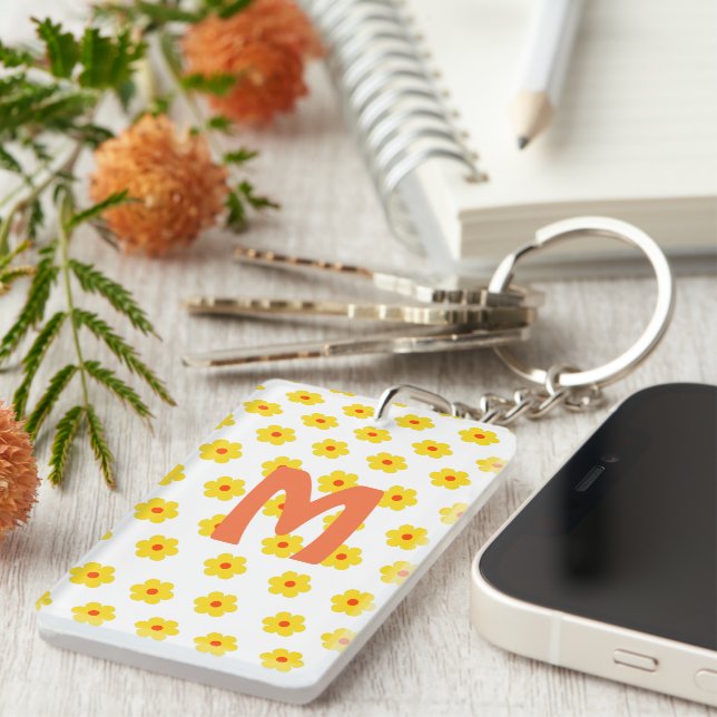 Modern initial monogram Retro Daisies  Keychain (Front Right)