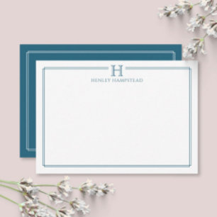 Modern Initial Patina Blue Border Stationery Card
