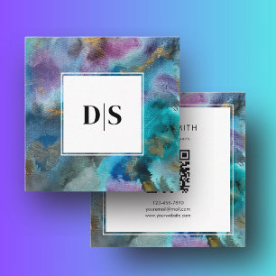 Modern Initial QRCode BlueTeal Watercolor Abstract Square Business Card