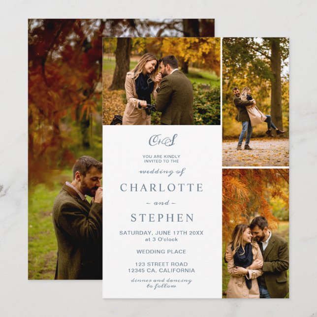 Modern initials 4 photos grid dusty blue wedding invitation (Front/Back)