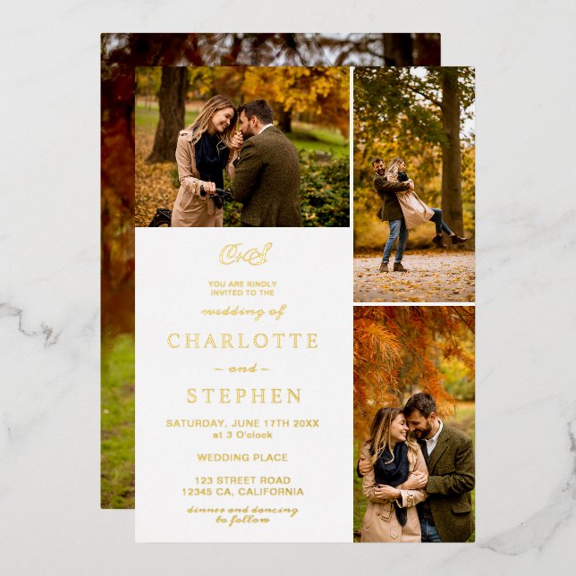 Modern initials 4 photos grid wedding gold (Front/Back)