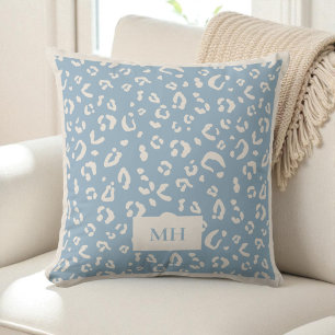 Modern  Initials Blue Leopard Spots Print Monogram Throw Pillow