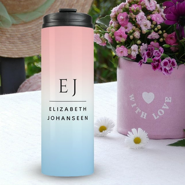 Modern Initials Monogram Blue Pink White Gradient  Thermal Tumbler (Creator Uploaded)