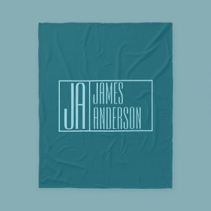 Modern Initials & Name   Dark Teal & Light Blue Fleece Blanket