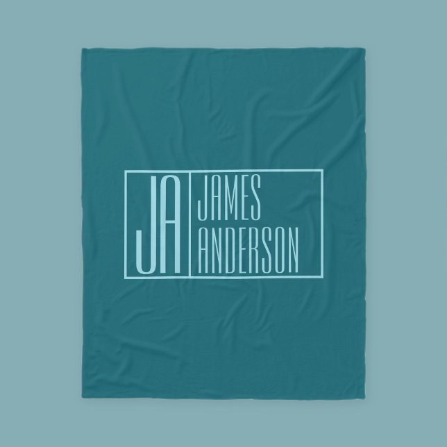Modern Initials & Name | Dark Teal & Light Blue Fleece Blanket (Creator Uploaded)