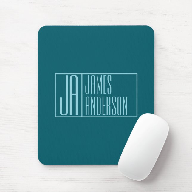 Modern Initials & Name | Dark Teal & Light Blue Mouse Pad (With Mouse)