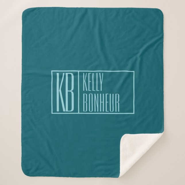 Modern Initials & Name | Dark Teal & Light Blue Sherpa Blanket (Front)