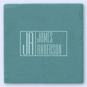 Modern Initials & Name Dark Teal & Light Blue Stone Coaster