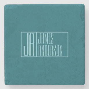 Modern Initials & Name   Dark Teal & Light Blue Stone Coaster