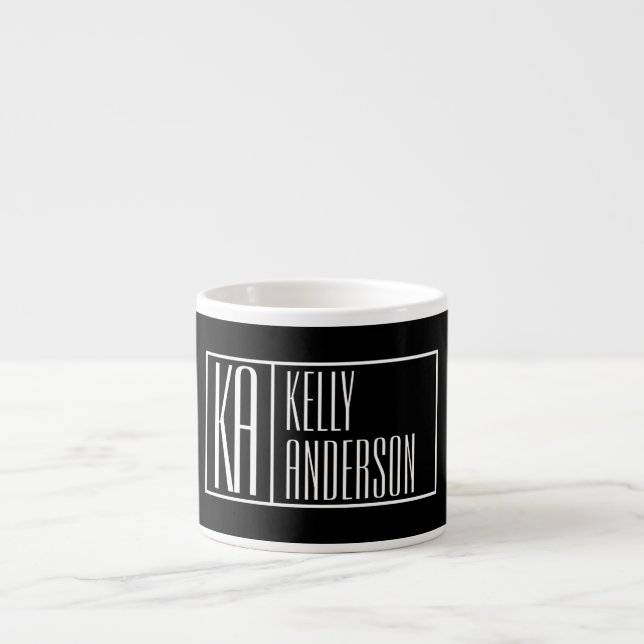 Modern Initials & Name Logo | Black & White Espresso Cup (Front)