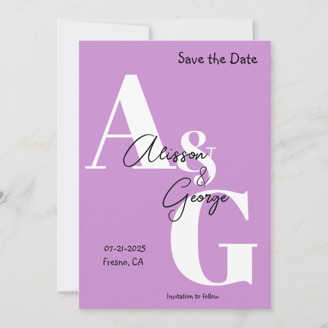 Modern Initials Purple Photo Save The Date (Front)