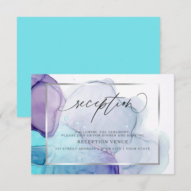 Modern Ink Aqua and Purple Reception Invitation (Front/Back)