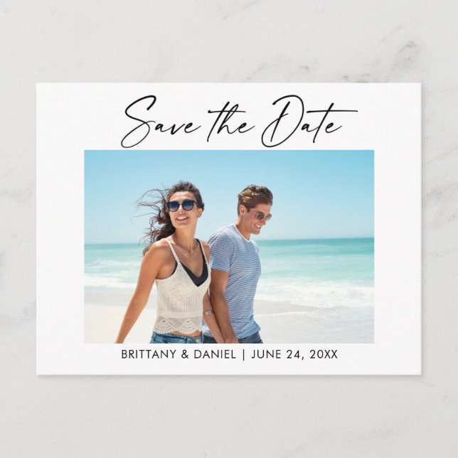 Modern Ink Pen Calligraphy Photo Save The Date Postcard (Front)