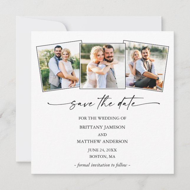 Modern Ink Pen Script 3 Photo Minimalist Save The Date (Front)