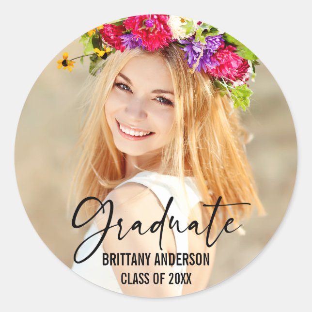 Modern Ink Pen Script Calligraphy Graduation Classic Round Sticker (Front)