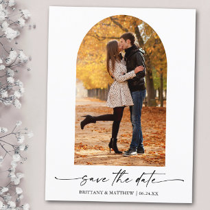 Modern Ink Script Photo Arch Save The Date Postcard