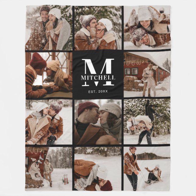 Modern Instagram Photo Collage | Black Monogram Fleece Blanket (Front)