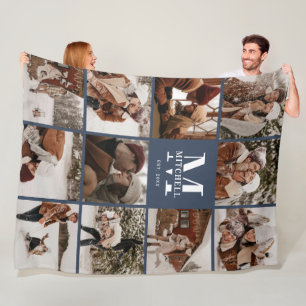 Modern Instagram Photo Collage Navy Blue Monogram Fleece Blanket