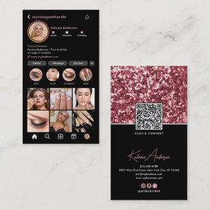 Modern Instagram QR Code & Socials Pink Glitter Business Card
