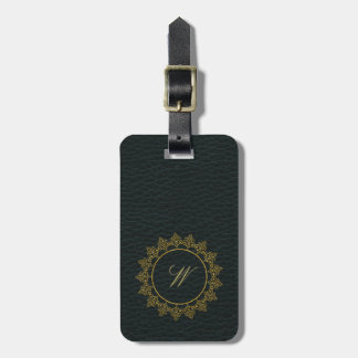 Modern Intricate Monogram on Dark Leather Luggage Tag