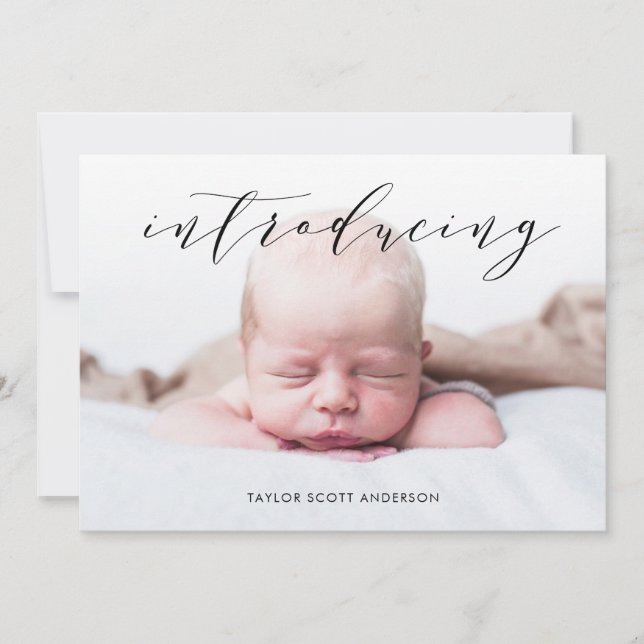 Modern Introducing Baby Script Birth Announcement (Front)