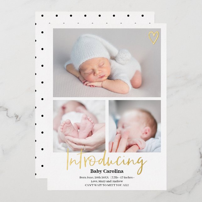 Modern introducing black white 3 photos baby birth (Front/Back)