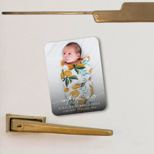 Modern Introducing Newborn Photo Elegant Script Magnet