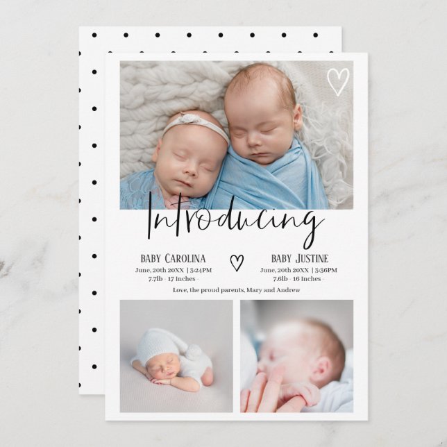 Modern introducing script 3 photo baby twins birth announcement (Front/Back)