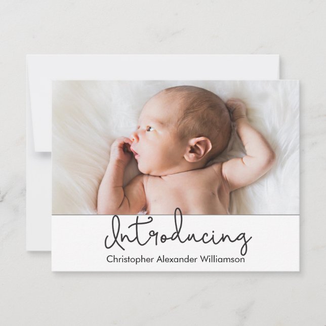 Modern Introducing Script Baby Boy Photo Invitation (Front)
