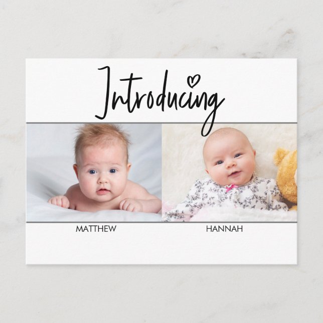 Modern Introducing Script Twins boy and Girl  Announcement Postcard (Front)